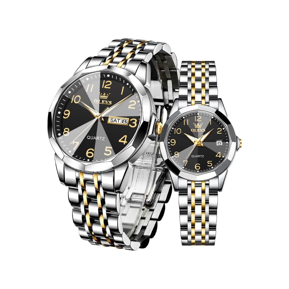 OLEVS Couple Quartz Watches Stylish Stainless Steel Date Display White and Black Pair Watches