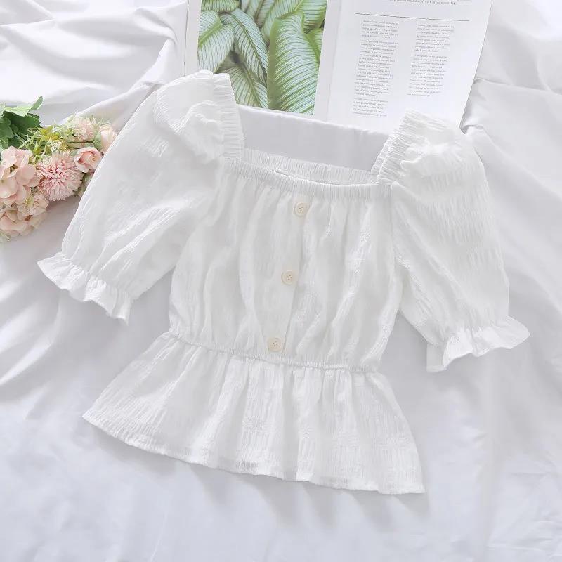 

Укороченная шифоновая блузка с пышными рукавами, плиссированная облегающая шифоновая рубашка, женская однотонная повседневная рубашка, корейская мода L