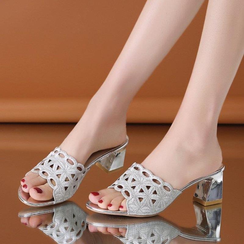 Embroidered Heeled Sandals Outside Slides Pvc 2025 Trend Slip-resistant Shoes for Women Elegant and Fashionable Woman Slippers