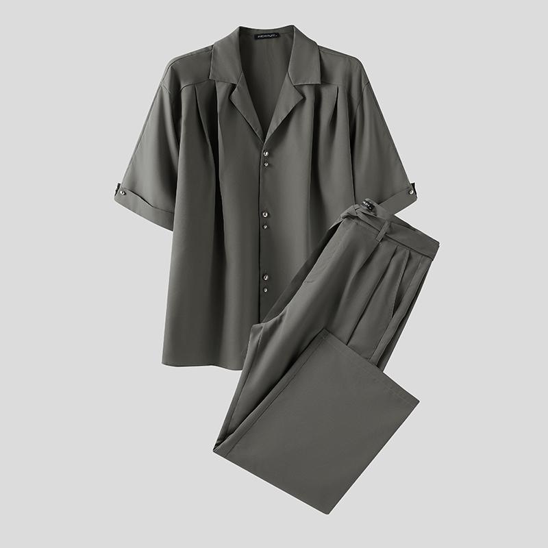 INCERUN Two Pieces Outfits Men Lapel Neck Short Sleeve Striped Shirt Long Suit Pants Sets