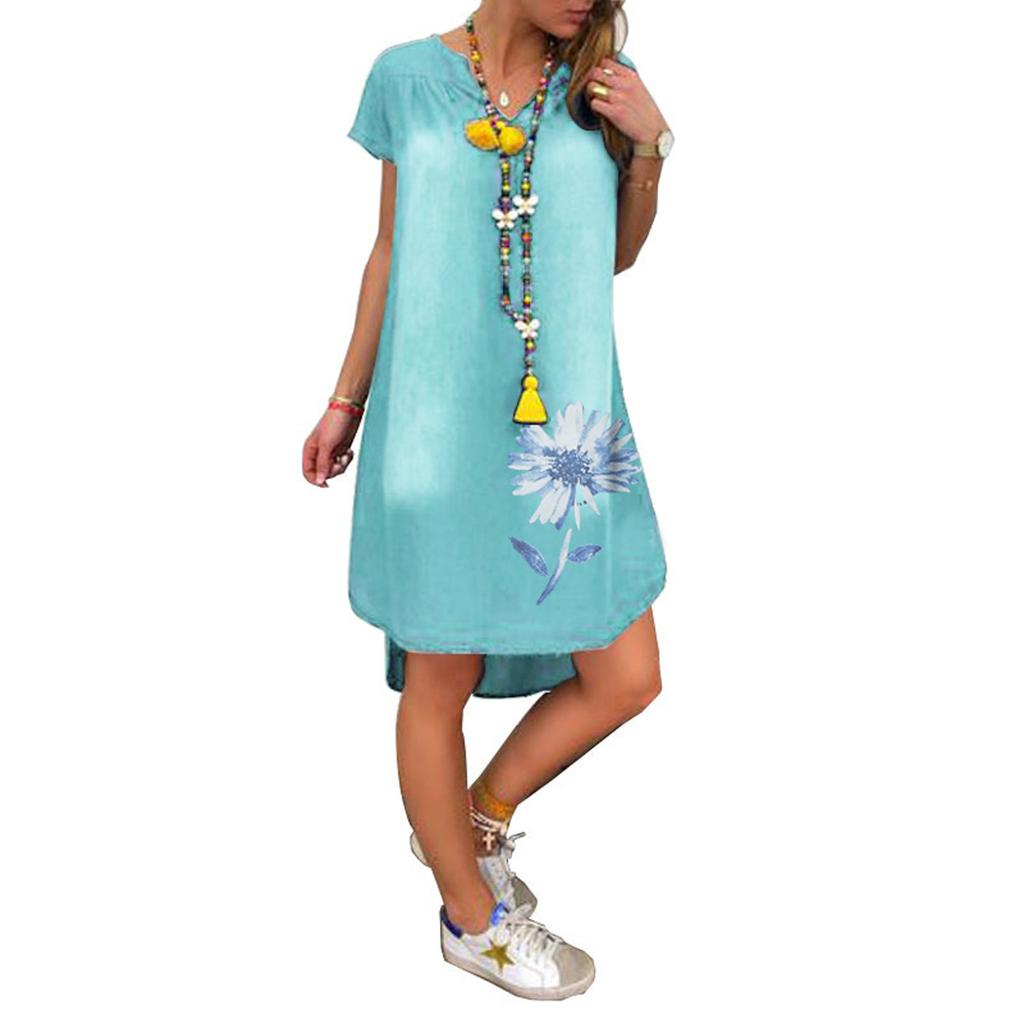 Fashion Women's Casual Printed V-Neck Short Sleeve Knee Length Denim Dress