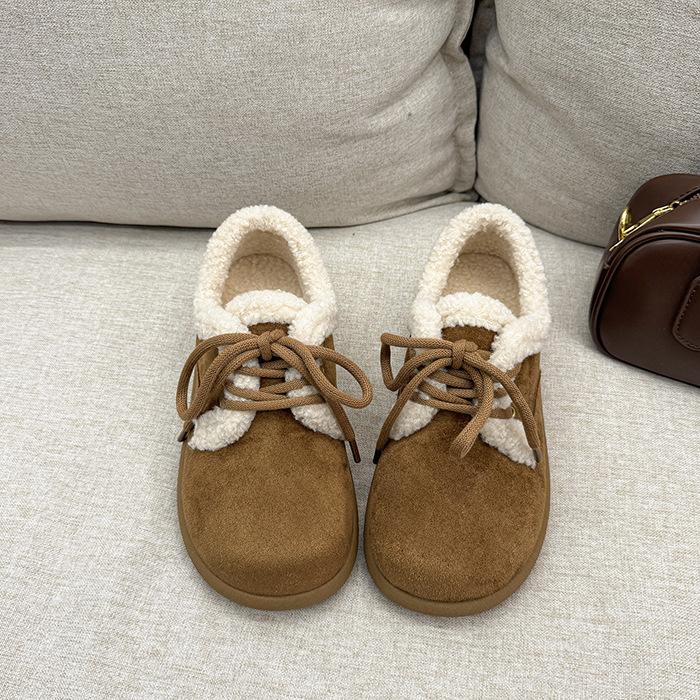 Japanese big head autumn and winter new thick velvet warm cotton shoes women's shoes Maillard color non-slip retro fluffy casual shoes