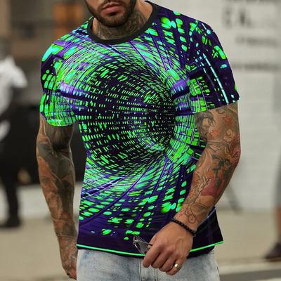 Letni Męski T-Shirt z Nadrukiem z Efektem 3D, Krótki Rękaw, Okrągły Dekolt, Casualowy, Oddychający, Modny Streetwearowy T-Shirt z Okrągłym Dekoltem
