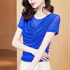 Summer New Fashion Versatile Swing Collar Bright Silk Short-sleeved Mesh Slim Fit T-shirt for Women