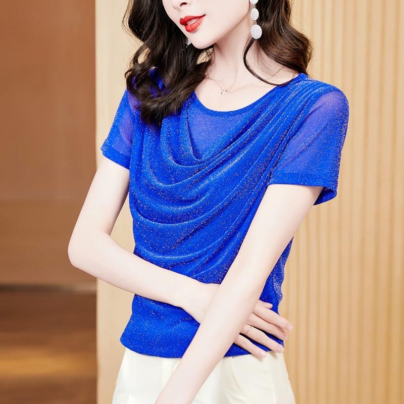 Summer New Fashion Versatile Swing Collar Bright Silk Short-sleeved Mesh Slim Fit T-shirt for Women