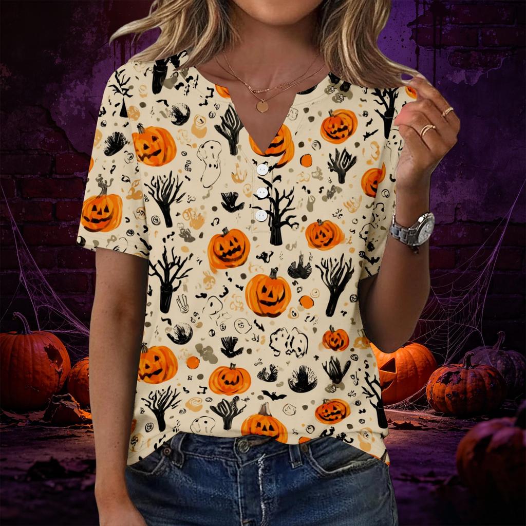 Women V Neck Short Sleeve T Shirt with Decorative Buttons Halloween Pumpkin Printed Casual Loose Fit Top for Daily Wear