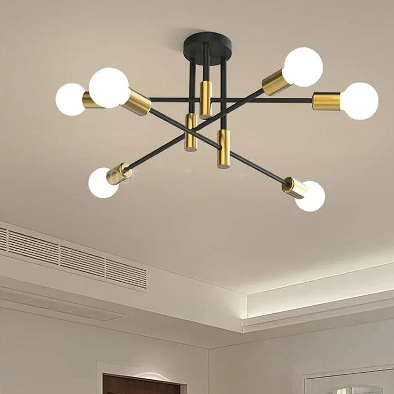 Prosty Żyrandol Sufitowy z Gałęziami Nowoczesny Nordycki E27 Czarno-Złoty LED Lampa Sufitowa Oświetlenie Restauracji Korytarza Balkonu