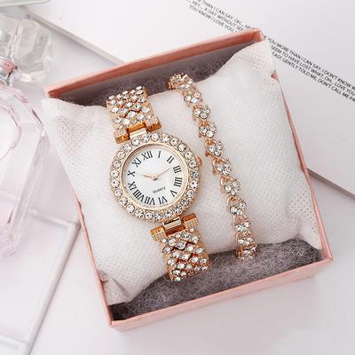 Ceas de damă unisex la modă, popular cu diamant, doamnelor, cu dublu strat, cu diamant, cantitate mare, de lux, cu cuarț, model roman, brățară, 2 buc