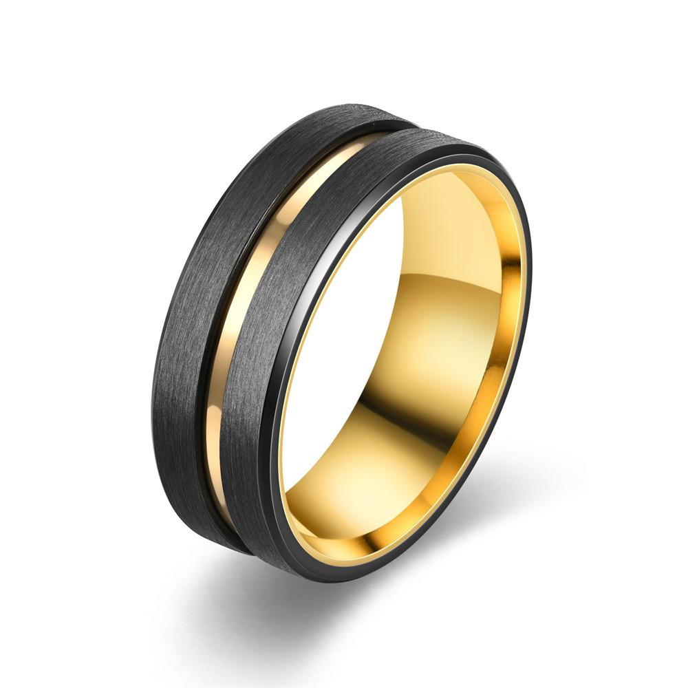 Fashion 8MM Men Gold Color Groove Stainless Steel Rings Black Brushed Engagement Rings for Men Women Wedding Anniversary