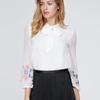 Fashion Long Sleeve Chiffon White Shirts Women Solid Embroidery Flowers Elegant Women's Blouses Vintage Lace-up Bow Collar Office Lady Tops 6056