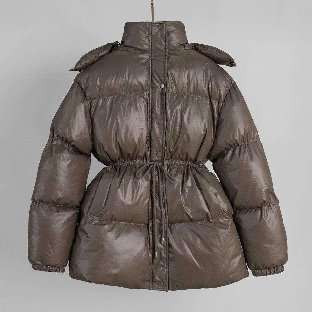 Women's Stand Collar Drawstring Waist Puffer Coat Detachable Hood Long Sleeve Polyester Warm Winter Cotton Jacket