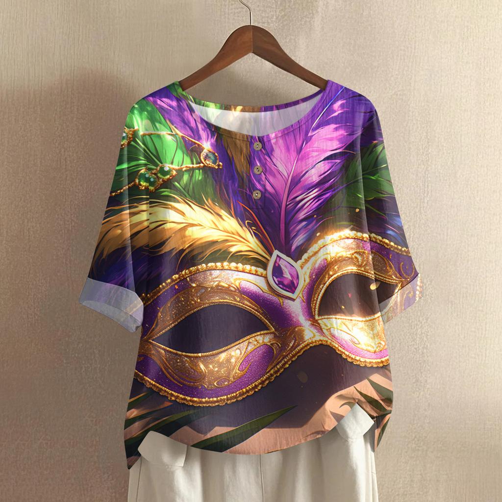 Women's Fashionable And Casual Shirt Half Sleeve Round Neck Print Cotton And Linen Blouse Top