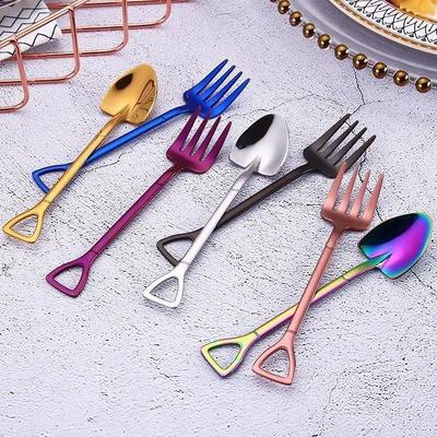 1PCS Creative Shovel Shape Dessert Spoon Stainless Steel Coffee Stirring Spoon Shovel Fork Fruit Fork