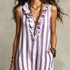 Damen Gestreiftes Baumwoll-Leinen Maxikleid Ärmellos Rüschen V-Ausschnitt Langes Kleid Boho Strand Fließendes Sommerkleid mit Taschen