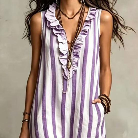 Damen Gestreiftes Baumwoll-Leinen Maxikleid Ärmellos Rüschen V-Ausschnitt Langes Kleid Boho Strand Fließendes Sommerkleid mit Taschen