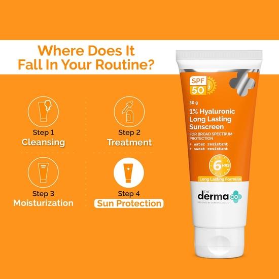 The Derma Co 1 % Hyaluronic Long Lasting Sunscreen Spf 50 Pa++++ Mit Hyaluronsäure und Vitamin E für Breitbandschutz – 50 g, alle Hauttypen