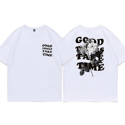 Men's Motivational Quote & Rose Graphic Tee, "Good Things Take Time" Streetwear Oversized T-Shirt