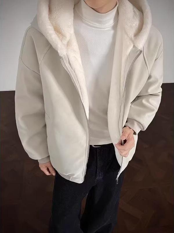 Herren Winter American Eagle Kapuzen-Lederjacke mit Litschimuster und warmem Kaninchenfell-Futter