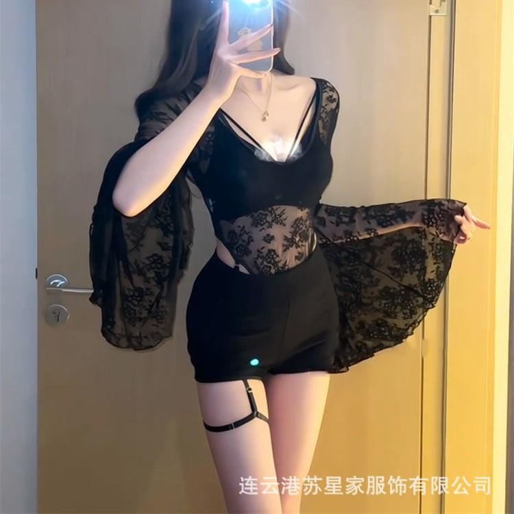New large size sexy pure desire perspective deep V sex underwear lace mesh horn sleeve onesie