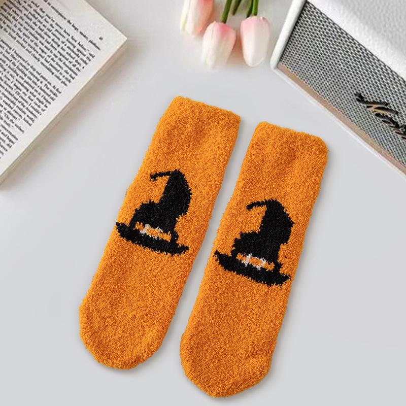 Women's Mid-Calf Halloween Socks, Fleece-Lined, Warm & Cute Cartoon Design for Autumn/Winter.