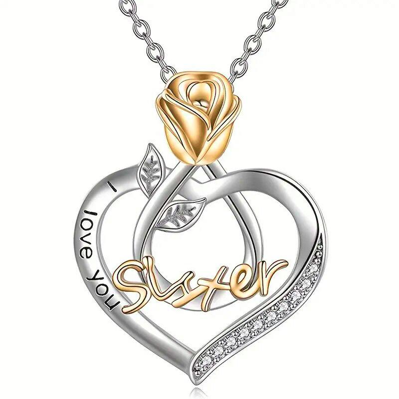 Two-Tone Rose Heart Pendant Necklace with  Sister  Engraving