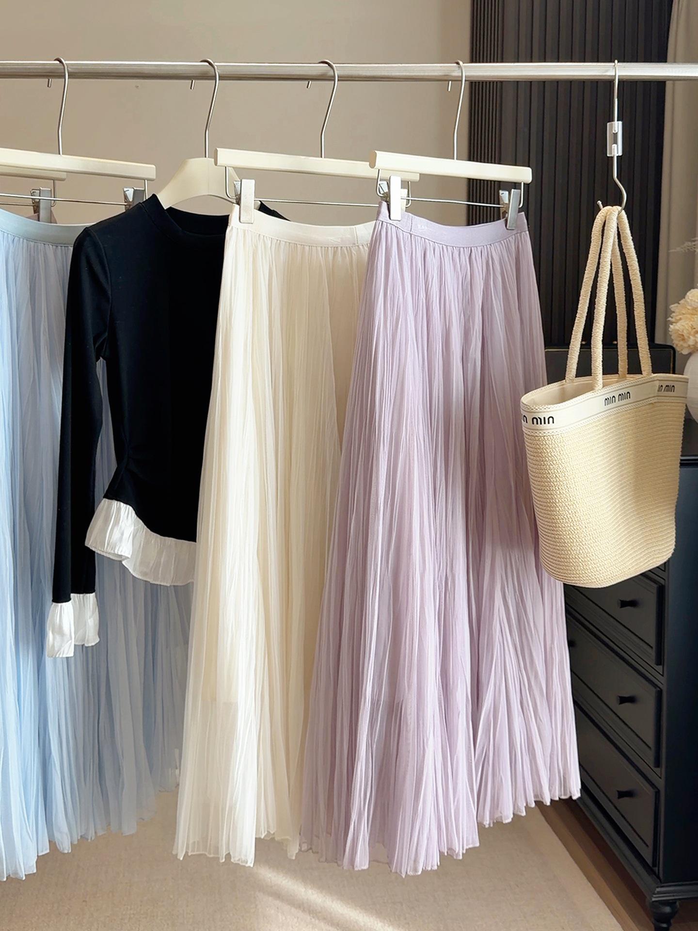 

European Fashion Mesh Pleated A-line Skirt - Spring/Summer 2026, High Waist, Hip Covering, Large Hem One Size фиолетовый