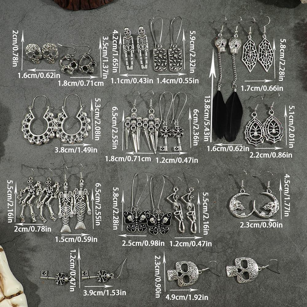 17 Pairs Antique Silver Earrings Drop Dangle Stud Earrings Halloween Thanksgiving Skull Spooky Jointed Skeleton Party Gifts