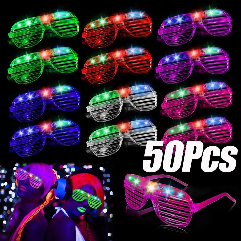 50pcs Glow In the Dark LED Eyeglasses, Multiple Neon Colors Blinds Lampshade Glasses for Christmas, Mardi Gras, Birthday Party