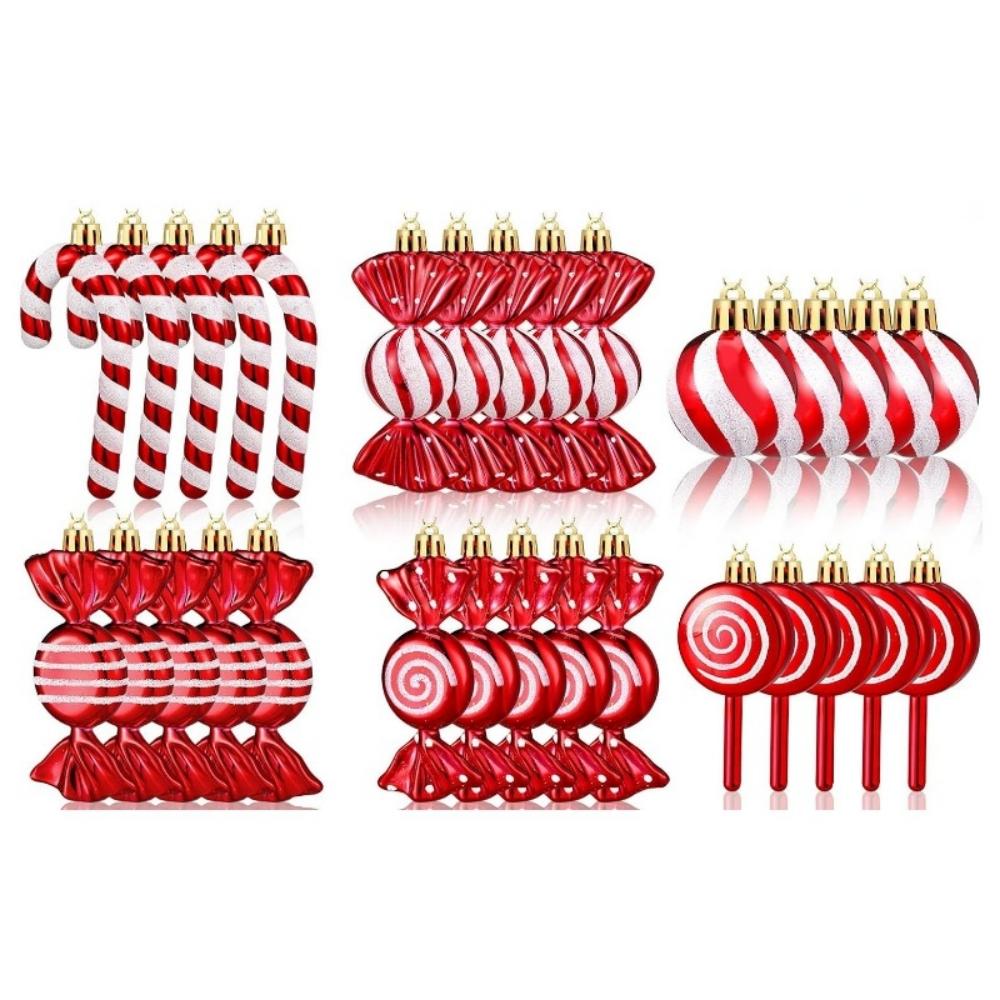 30PCS Christmas Candy Shape Ornaments Set,Red Pink Striped Hanging Baubles,Xmas Tree Decorations for Holiday Party Home Supplies