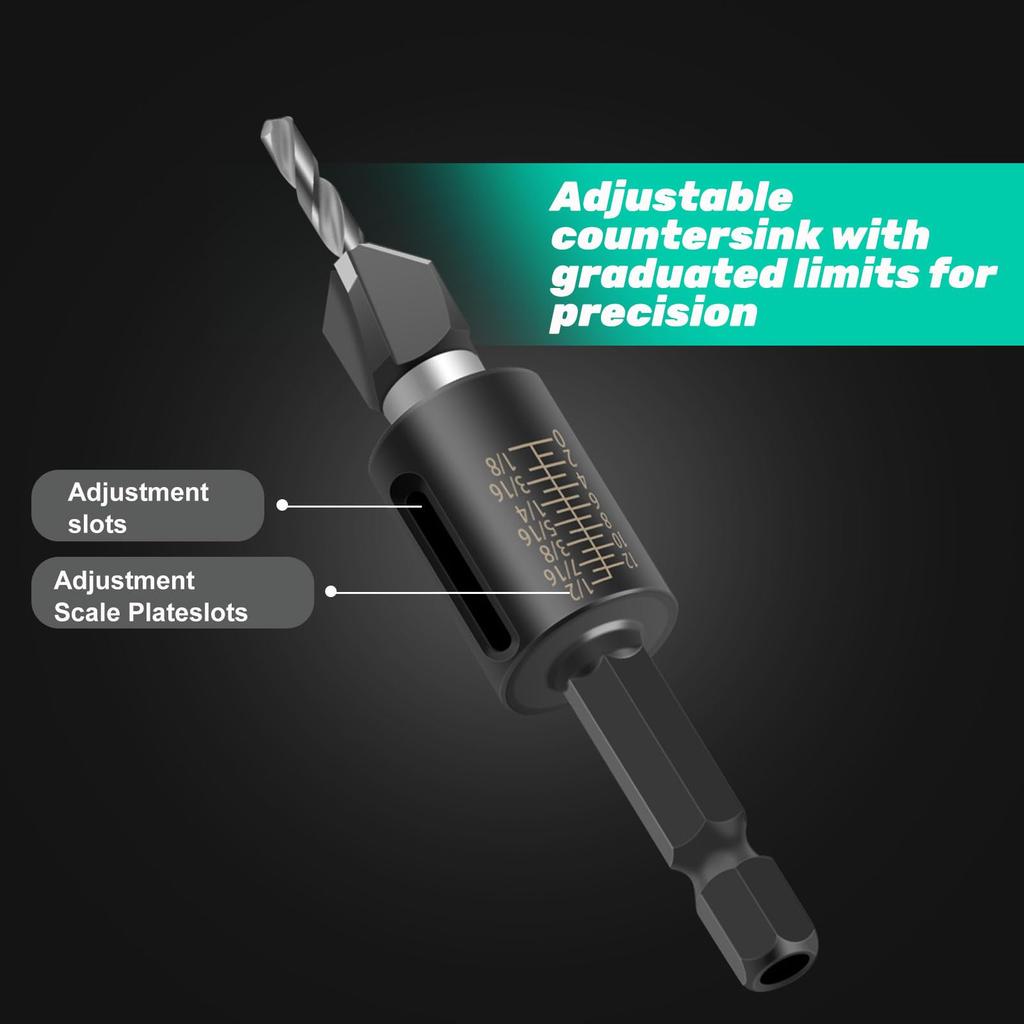 Adjustable Depth Countersink Drill Bit Set 4 Pieces M2 High Speed Steel for Wood Metal and Decorative Materials