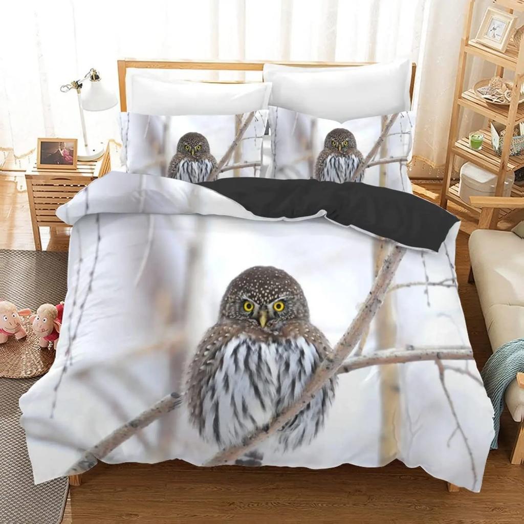 Owl King Queen Duvet Cover Adorable Funny Cartoon Animal Bedding Set for Kids Boy Colorful Wildlife 2/3pcs Polyester Quilt Cover