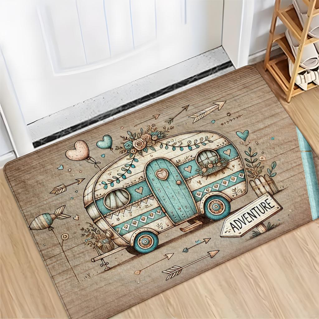 1pc of Floor Mat, Cartoon-style RV Travel Illustration Flannel Doormat,Floor Mat,and Living Room Entrance Decorative Mat