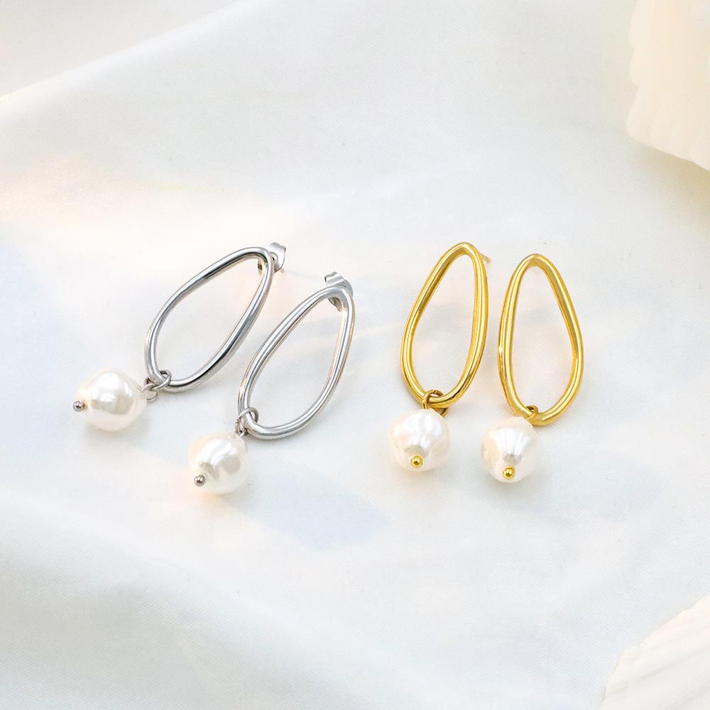 Accessories 18K Geometric Titanium Steel Pearl Stud Earrings Women'S Non-Fading Baroque Pearl Earrings