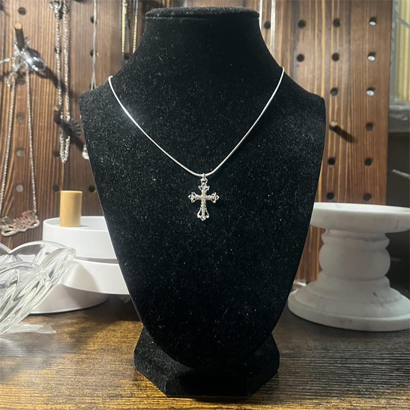 Handmade Gothic Stainless Steel Snake Cord Necklace With Mini Rhinestone Cross Pendant