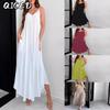 Vestidos Casuais de Verão e Primavera com Estampa de Cor Sólida Sem Mangas e Decote em V