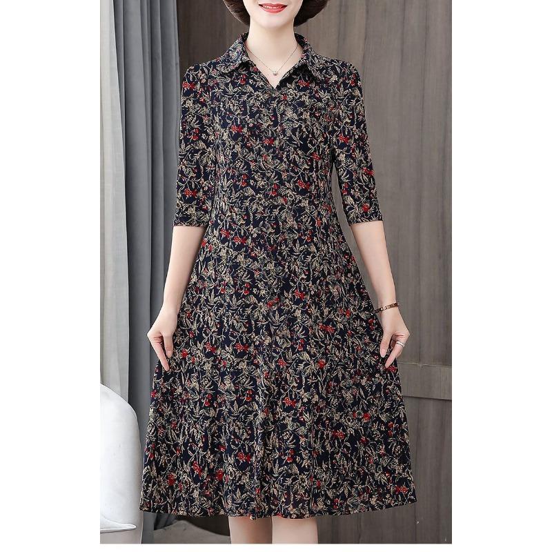 New Mother Suit Summer 7-quarter Sleeve Floral Dress Shirt Collar Mid-length Large Size Middle-aged Women's Clothing