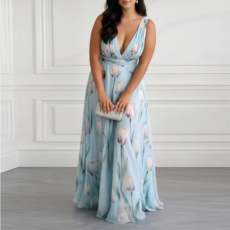 Women's spring new, European and American dresses, temperament printed waist V-neck dresses