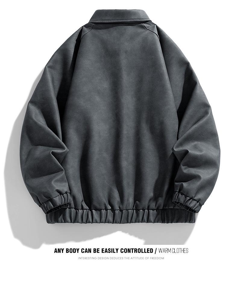 Men's Plus Size PU Leather Jacket - Hong Kong Style Autumn/Winter, Lapel, Pure Color, Casual Couple Outerwear for Chubby Individuals