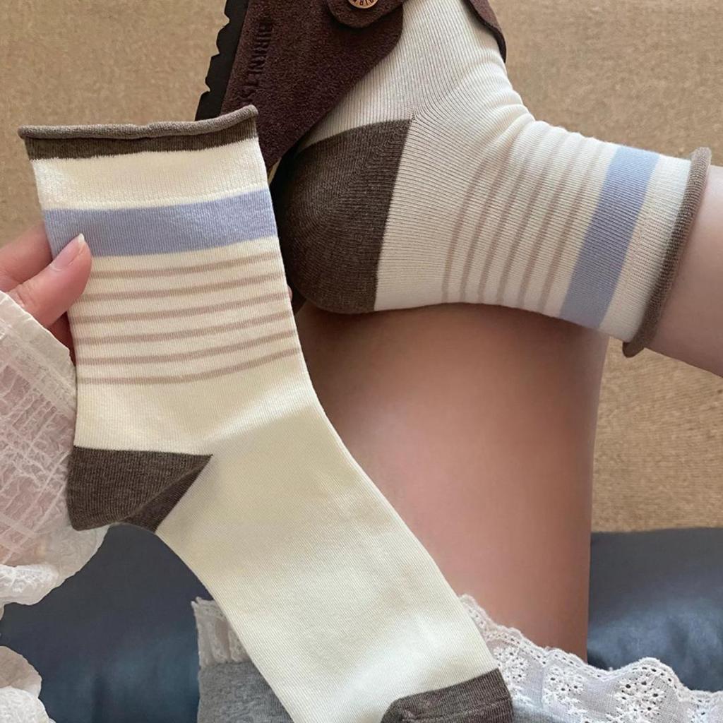 Women's Striped Mid-Calf Cotton Socks: Trendy Rolled-Edge Retro Japanese Color Block for Spring, Autumn, and Winter