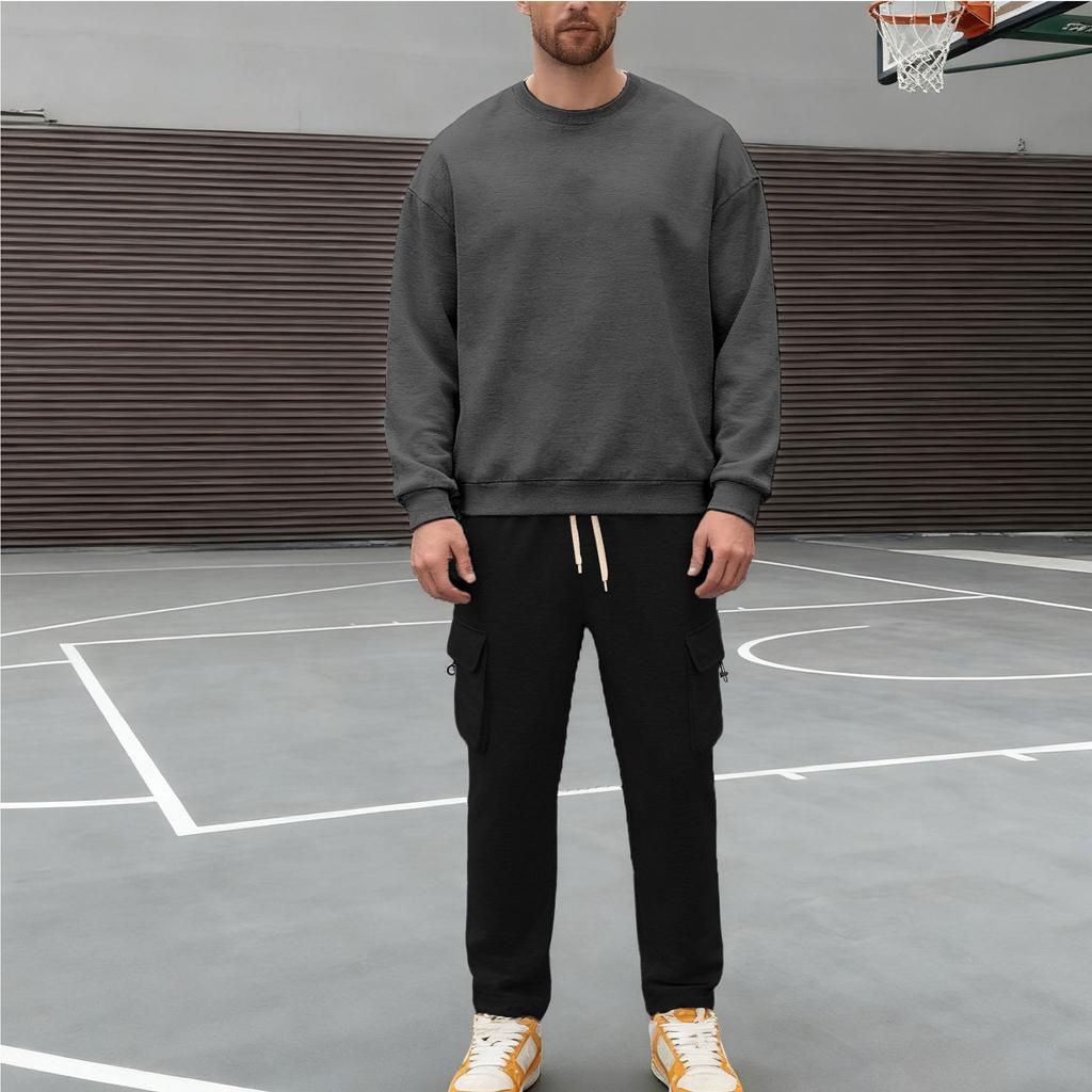 Men's Casual Sportswear Set Autumn/Winter Fleece-Lined Heavyweight Oversized Long-Sleeved Crew Neck Sweatshirt and Trousers Set