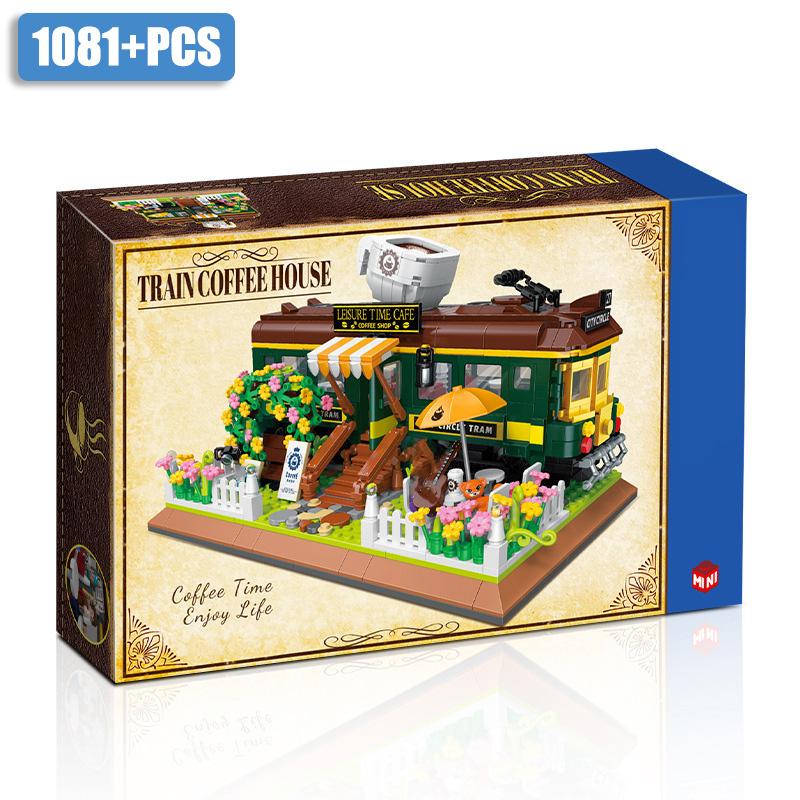 Creatieve Retro Trein Koffieshop Mini Formaat Bouwstenen Stad Straatbeeld Trein Koffiehuis Bakstenen Speelgoed Cadeaus Voor Kinderen