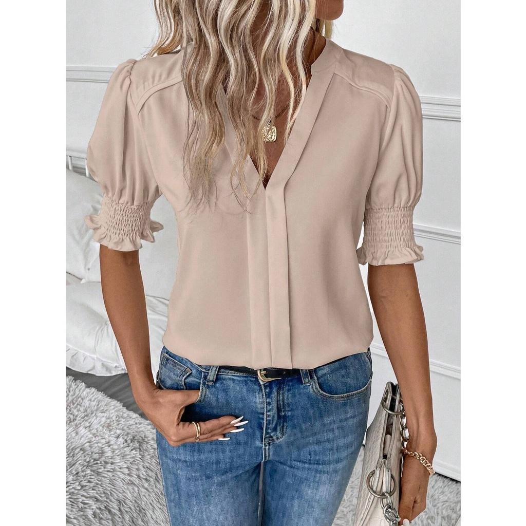 Blusa da Donna Scollo a V Manica Corta a Palloncino Vestibilità Regolare Casual Monocolore Top con Polsino Arricciato