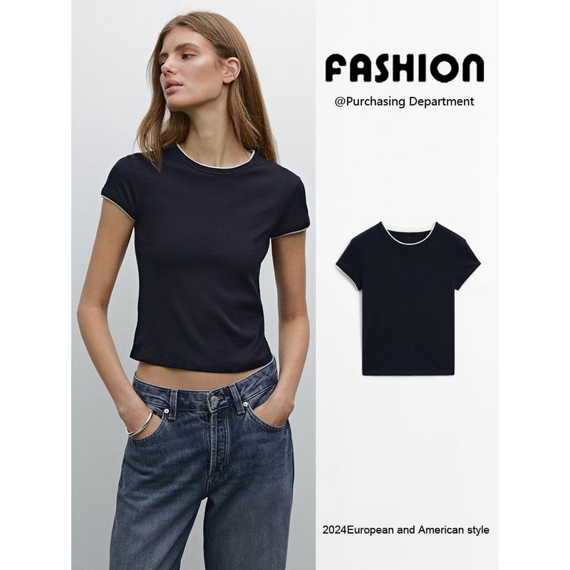 Za2025 Summer New Women clothes Versatile Patchwork Rib Short Version round Neck Short sleeve T-shirt 06234518 251