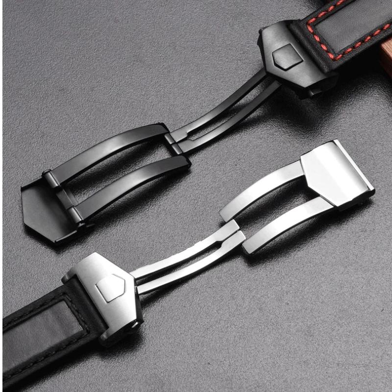 19mm 20mm 22m Cowhide Watchband For TAG Heuer Calera Monaco F1 Black Red Men Genuine Leather Strap Metal Folding Buckle Bracelet