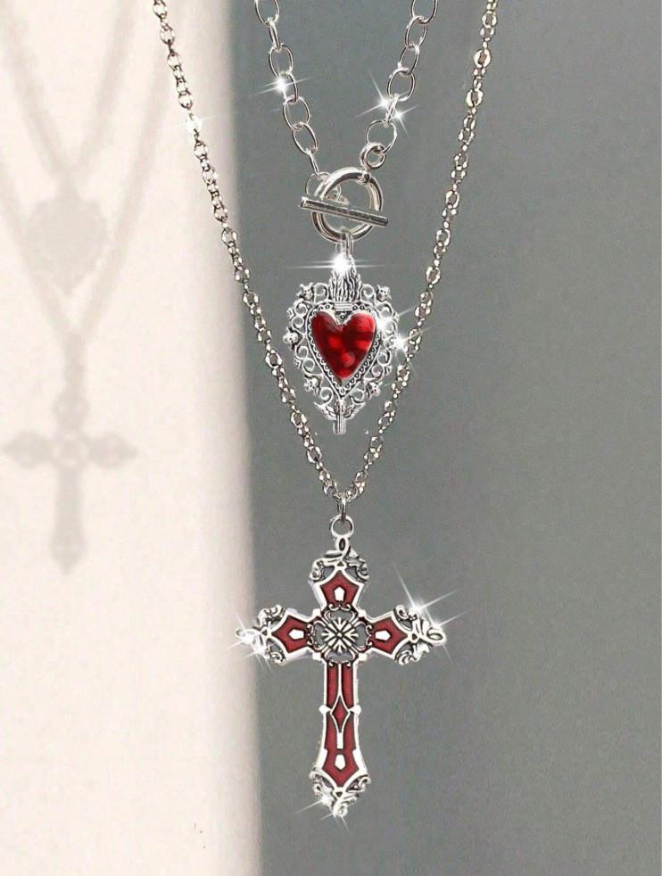 Gothic Heartshaped Cross Pendant Necklace Set With Alloy Geometric Design For Men Women красный
