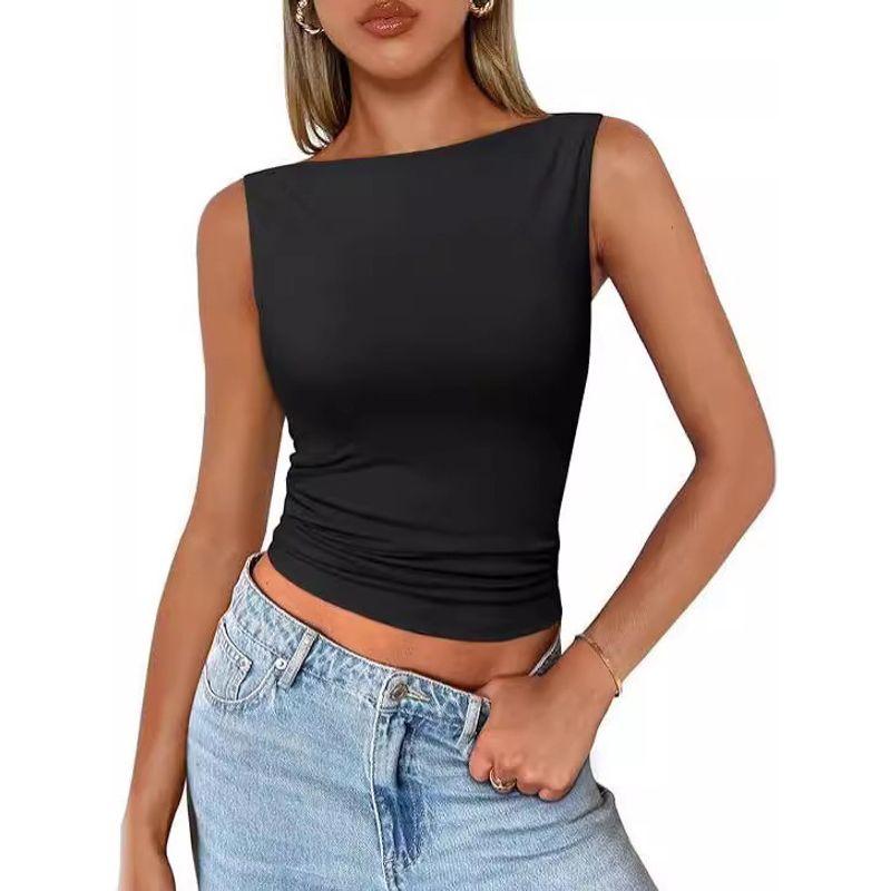 Solid Color round Neck Sleeveless Top Solid Crew Neck Slim fit Sleeveless Top Women