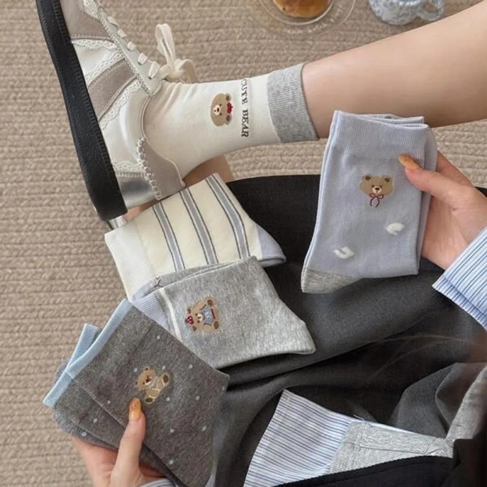 Holize [Set of 5] Hiyori Teddy Bear Mid-calf Socks Set 5-pair set