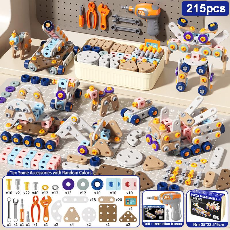 Kids Tool Set DIY Nut Assembly Toy Kit STEM Building Tools Montessori Toys Gifts for Boy Girl Electric Drill Tool Box Optional