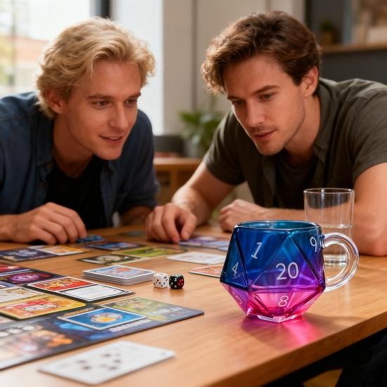 Regnbue D20 Terningekrus med Håndtak Fargerik Polyedrisk Glass Kaffekopp for Spillere Unik Gave til Bordrollespill- og Fantasyentusiaster