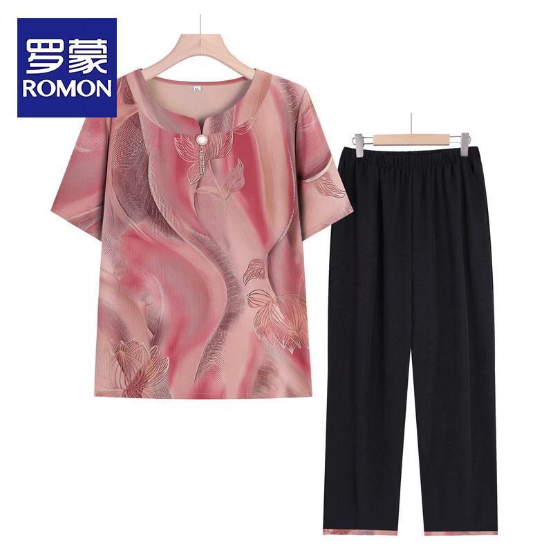 ROMON Mid-Aged Women s Summer T-Shirt & Pants Set 4XL